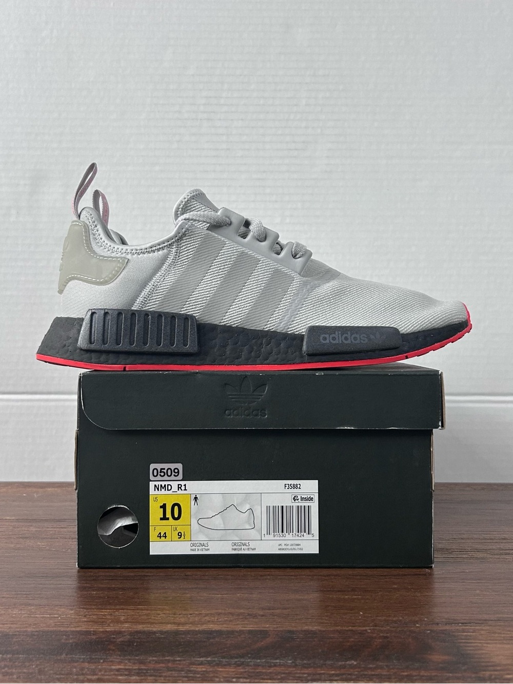 Adidas NMD R1 Grey Solar Red Sneakers M10/W11